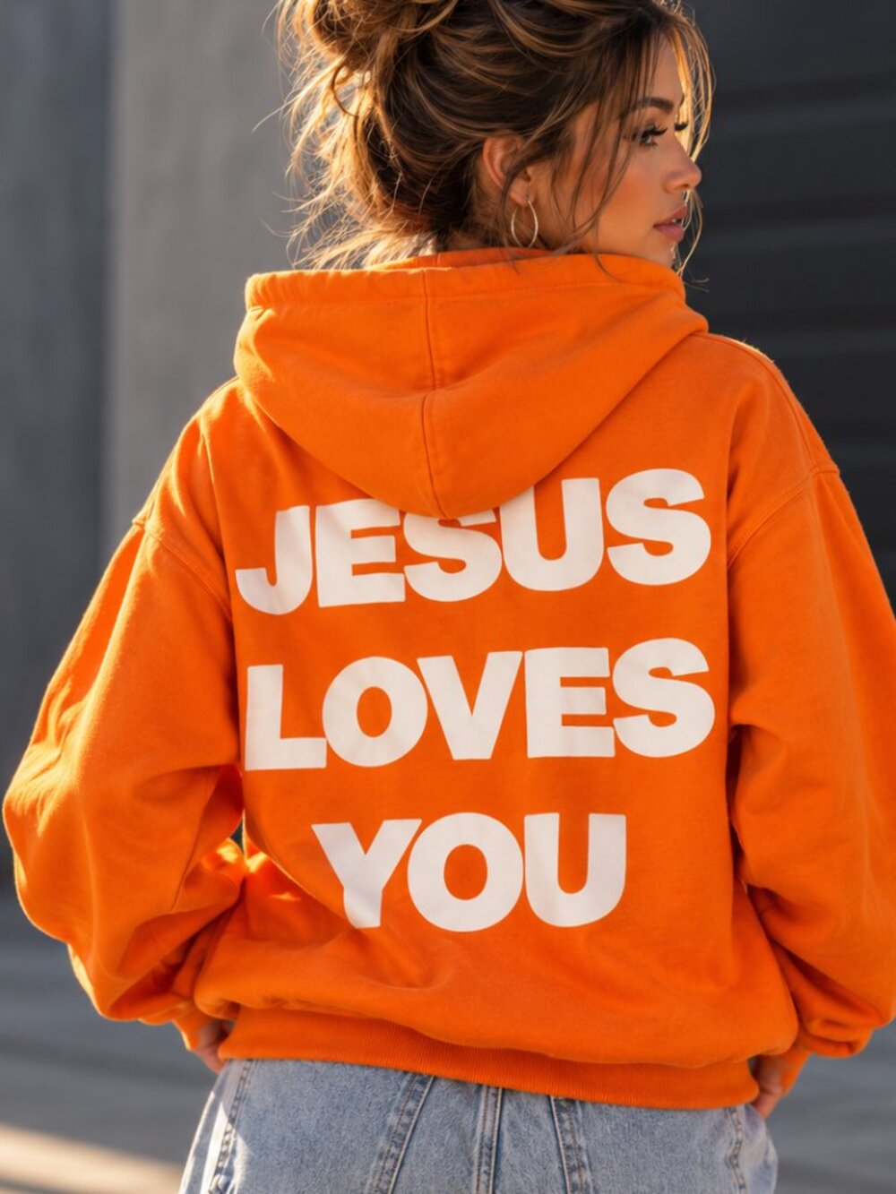 Ringspun Jesus Loves You Hoodie Medium Orange Mineral Wash Christian Cross
